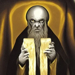 Nosferatu with four yellow eyes with fleshy tentacle beard grey skin and vampire fangs as a Russian Orthodox bishop