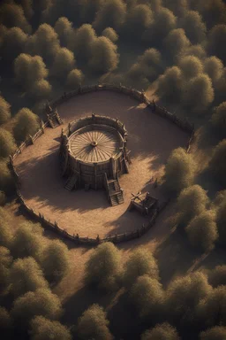 fantasy medieval fighting arena into the woods from above