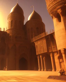 An old Arab city with a big gothic_arab gate in a sandstorm. Cinematic lighting