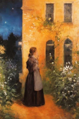 Night, vegetations, flowers, one woman, distant house, mistery, gothic horror films influence, hans thoma, and george iness paintings