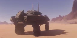 Military Robot in Desert walking to Horizon and with Footsteps