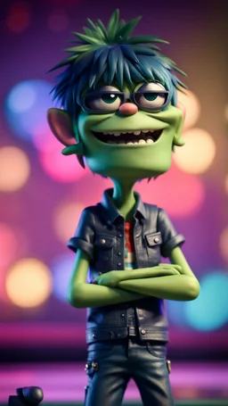 Murdoc from Gorillaz looking goofy smiling with arms folded on stage,bokeh like f/0.8, tilt-shift lens 8k, high detail, smooth render, down-light, unreal engine, prize winning