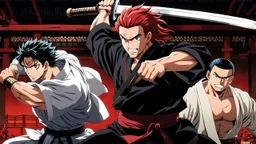 yujiro hanma vs yoriichi tsugukuni, baki vs kimetsu no yaiba, two mans standing in front of each other, a big strong man in black shirt with red hair and evil grin in martial art's stance facing a smaller feminine swordsman with long hair and calm face reaching for his sword in traditional japanese clothes both preparing to fight each other