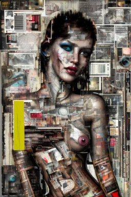 Ultra detailed medium portrait painting of a half naked woman sitting on a chair, no nudity, bended over, dark room with little light coming from an open door behind her, torn up collage of clippings, broken circuitry background, matrix effects, punk visual art, punk art aesthetic, graffiti art, pop surrealism, collage art, cluttered paint glitches