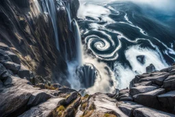at the base of the rocky mountain peninsula, a great whirlpool waterfalls into deeper unknown depths