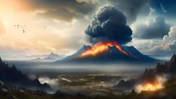 Fantasy world experiencing earth-shattering earthquake. Volcanoes are blowing up in the far distance. The sky is clouded with smoke and ash