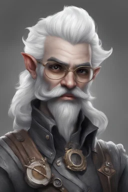 Generate a dungeons and dragons character portrait of the face of a male artificer handsome deep gnome with white eyebrows like snow. He has really dark gray skin like a drow. He has white hair, eyebrows and moustache. He has steampunk style dark sunglasses. He's 19 years old. His skin is graphite color.