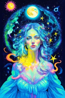 We all shine on with the moon and the stars and the sun; a mashup of neo-surrealism and symbolism; pale neon palette