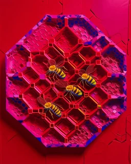 A magenta honeycomb hive with honeybees painted by Pablo Picasso