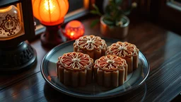 There are four chinese mooncakes on the plate,classical,45 degrees top view,neon lights,life style,Close Shot, middle shot, long shot,by window,night,illuminated by the glowing lights,chinese room