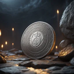 a silver coin called a Silver Moon standing on edge. ancient runes. flat coin. show one whole coin front on at a distance. fantasy concept art, exquisite realism, a masterpiece, dynamic lighting, hyper detailed, intricately detailed, deep color, Unreal Engine, volumetric lighting , Epic cinematic brilliant stunning intricate meticulously detailed dramatic atmospheric maximal,