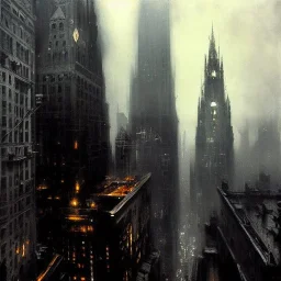 Skyline Gotham city, Neogothic architecture,by Jeremy mann, point perspective,intricate detail