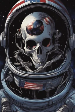 A close up of a skeleton face looking shocked, in an astronaut helmet and suit floating in space. inside the hollow eyes are red shining lights, scary. On his suit is an American flag and in his one hand is a small wavering American flag, on it is written "boned in the USA". From the back of his suit is blowing out blue, white and red smoke. Realistic, 8k, highly detailed, funny