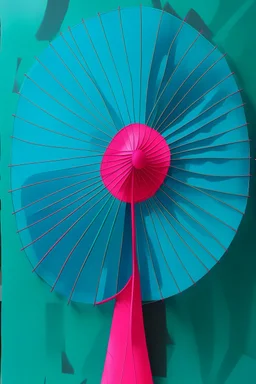 teal acrylic background with stylized spokes of a hand fan and a hot pink piece of gauze; Gouache on paper; Aleksandr Rodchenko