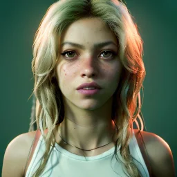 Shakira, artist, 30 years old, Realistic image, waist up portrait, spike jonze style. loose long hair, eyes make up, perfect, glow, circle iris. concept art, smooth, unreal engine 5, god lights, ray tracing, RTX, lumen lighting, ultra detail, volumetric lighting, 3d, finely drawn, high definition, 4k.