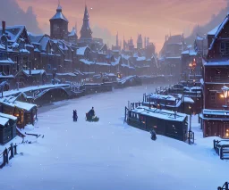 A magical snowy town with river canals and a Christmas tree for warlocks