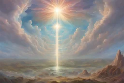 Vista of Resurrection, expansive celestial landscape, ethereal glow, radiant light beams, symbolic elements of renewal, monumental scale, heavenly clouds, dramatic skies, vivid colors, spiritual essence, by visionary artists and surrealists, artstation