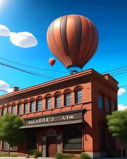 A photorealistic picture of a hot air balloon flying over the building shown in the picture