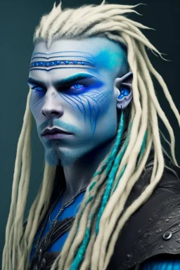 A tieffelin with blue skin and white Dreadlock hair. His pupil-less eyes are green. He wears a small beard. His horns are black and curved backwards. He wears a beige tunic.