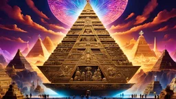 Generate a surreal image that combines elements of Hernán Cortés's conquest of Mexico with a futuristic twist. Show Cortés and his men, clad in futuristic armor, standing on a colossal, glowing golden ship with Aztec-inspired motifs. Surround them with holographic maps of Mexico and ancient Aztec artifacts. In the sky above, depict a neon-lit pyramid floating upside down, with beams of light emanating from it. Add an air of mystery and awe to the scene