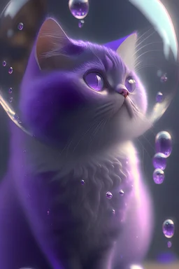 A beautiful little purple cat is looking at an air bubble in front of it،render, 8k, high detail, android, portrait, metallic