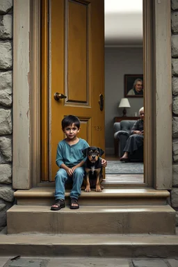 A one year old boy and a black boy , with a small dog in the middle , sitting on the door 3 steps of the an old paints cracked house door , in the background a room with old woman sitting on the couch , insanely detailed octane render trending on artstation, 8k artistic photography, photorealistic concept art, soft natural volumetric cinematic perfect light, chiaroscuro, award-winning photograph, masterpieces, oil on canvas, Raphael, Caravaggio, Greg Rutkowski, people,