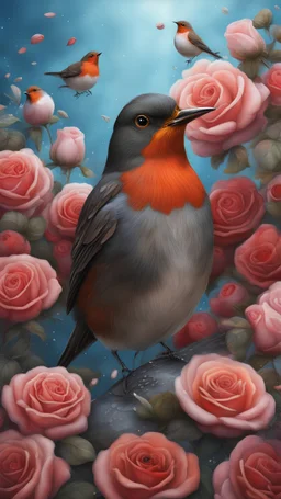 realistic giant robin bird headshot in a bed of roses under the ocean