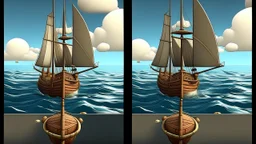 **Game UI: Boat Sailing** * **Layout:** Split screen (top 3/4: game world, bottom 1/4: controls) * **Game World:** Stylized sailboat (single mast, billowing sail), ocean environment (waves, horizon), optional obstacles. Subtle wind direction indicator. * **Controls:** * Rudder Crank Wheel (large wooden wheel) * Two ropes on sail (Mainbrace): Left rope pulls (incr