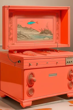 A salmon orange colored system with video games painted by Leonardo da Vinci