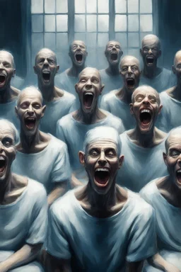 A group of lunatics are sitting in a hall watching television. They are laughing.Busch painting style