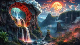 waterfall full of holes with various jungle flowing spiral cloud neon colorful Unique open cliff burning rippled surrealistic artwork with shiny shackled by cliff and sea island, while holding a waterfall doing pulling, the open cavity inside the body is a scene of an ancient Egyptian painting in the Gesang desert 5D diorama, with seven open panels revealing a forest with a thousand shadows, giving a triple exposure effect on a beautiful Balinese girl with magic breast milk and telepathic waves