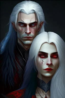 A couple, from the dnd game curse of Strahd. The woman is beautiful, has long white hair and blue eyes, the man has LONG BLACK hair and red eyes, no facial hair.