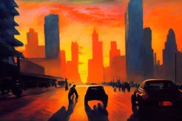 cars, city, sunset, street, buildings, frederic bazille and edouard manet painting