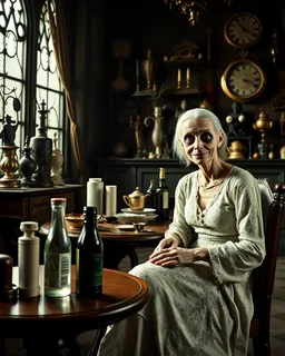 Persons flash photo, 1980 horror movieshot, sitting on a chair, table, bottle, eaging, dine, odd objects in background, persone con sorriso falso e occhi grandi, tenebroso, macabro, interno museo, fiotti di liquido nero che zampillano, hypermaximalist, Hieronymus Bosch style, strangeness, sundial light, intricate, albero, hypnotic, very accentuated details of the dress and skin, eerily mysterious, artistic photo, shot on Hasselblad, sadness, follia