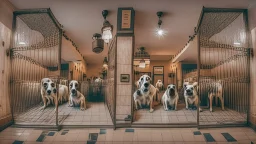 wide angle shot of dogs in cages at indian hotel front desk