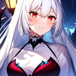 Clear focus, 8k, vampire girl, high quality, detailed, white hair, red eyes, beautiful lighting, vibrant colors, nervous,