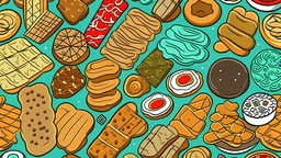 a vector graphic grid pattern of cookies, cakes, sweets and crisps