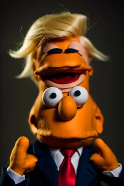 a Film Photograph of a realistic angry orange Donald J. Trump Muppet made of felt and fur wearing a dark blue suit and red tie and with blonde hair combover, he is old and angry with a small round mouth