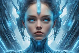 Greg Rutkowski's futuristic girl portrait in light blue tones, abstract, with surreal landscapes, futuristic elements, intricate details, esoteric elegance, fantasy realism with 3D UHD HDR enhancement, bright and vivid colors, key light reflected in twinkling eyes, carefully perfect composition, illusion of highest quality, double exposure effect, illustrated storybook, sharp focus, 8k resolution, digitally printed masterpiece, Spread the whole picture.