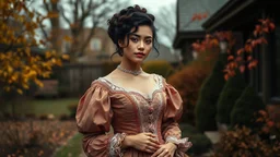 beautiful woman with mixed complexion in Victorian gown in Victorian yard, Autumn, Day, 8k, high quality, trending art, trending on artstation, sharp focus, studio photo, intricate details, highly detailed, by greg rutkowski