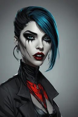 Create a wild, imaginative, goth punk vampire girl with highly detailed facial features, in the vector graphic style of Nirak1,Christopher Lee, and Cristiano Siqueira, utilizing simple shapes , vibrant colors,