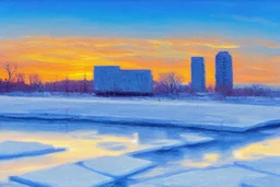 Sunset, winter, Futuristic buildings in the ice, impressionism painting