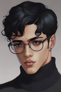 Short black hair, light skin, black skin tight turtle neck clothing, black round glasses, earrings, grey eyes, black eye shadow, round face, man