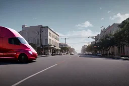 A Tesla 'Semi' (semi truck) is going at a high speed, on the streets of New Orleans. (CINEMATIC, WIDE ANGLE LENS, PHOTO REAL)