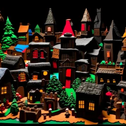 A black Japanese village made out of gingerbread with a hidden temple painted by Stuart Davis