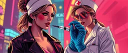 cyberpunk mega city fallout 4, airbrush and pen outline, A cinematic, high-end advertisement image for a fictional service called “Posh on Stage Fashion Catwalk with Spice Girl Nurse Glam Fashion Party™”. Split-screen composition with two contrasting emotional states. Mad scientist getting injected.