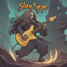 slay the spire with metal guitarist with long hair waving aggresivily card game