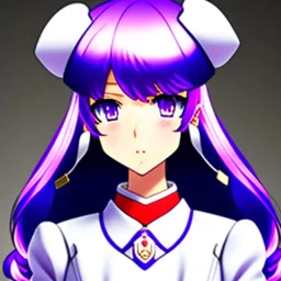  A tall beautiful anime teenage girl with short lilac-colored hair and violet eyes and a big chest. She wears the standard female school uniform, with her accessories being a black beret on her head with a gray ribbon connected to it and a white pair of stockings with garter belts.