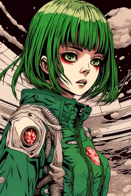 90s anime sci fi green hair space Captain girl blood on face scared, rattled and shook, violent atmosphere, retro manga style, hyper detailed, Japanese horror, junji ito,
