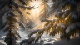 A stunning snow-covered fir branch in the soft winter light, with the sun shining through the branches. This captivating captures the naturalism and beauty of a snowy landscape. The image portrays a peaceful scene, with a light snowfall and evergreen branches in a snowy forest setting. The wintry light creates a bright and serene atmosphere, while the fir abies alba color scheme adds to the overall beauty and tranquility of the image.